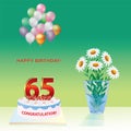 Anniversary 65th celebration, greeting card with bouquet of daisies, cake and colorful balloons. Vector illustration Royalty Free Stock Photo